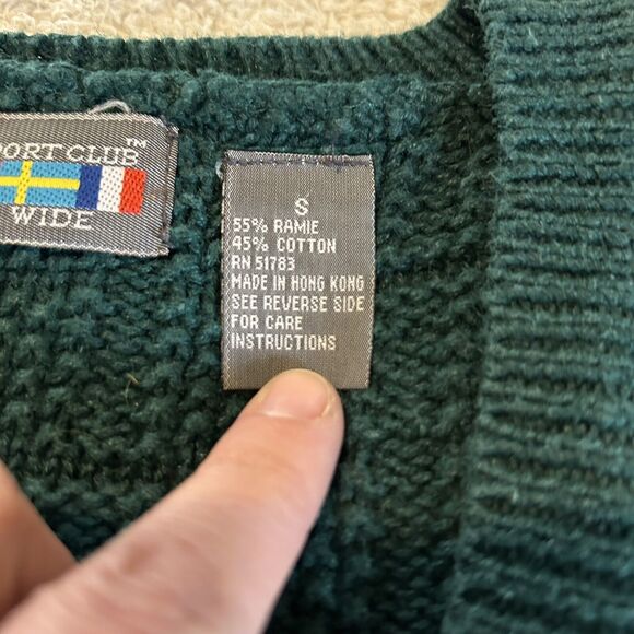 Vintage Sweater Small Green Waffle Chunky Knit Boxy Oversized V Neck Paris Sport - Picture 9 of 12